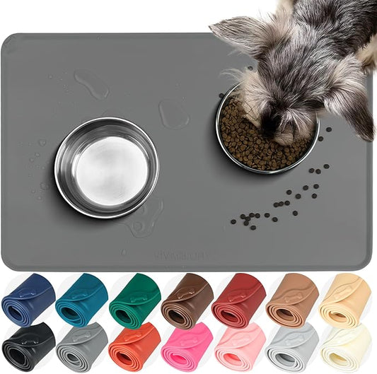 VIVAGLORY Dog Food Mat Flexmat Dog Bowl Mat, Placemat Food Tray with Raised Edges & Lip for Indoor Floor, Non Slip Waterproof Silicone Dish Placemat for Cat & Pet, L, Grey