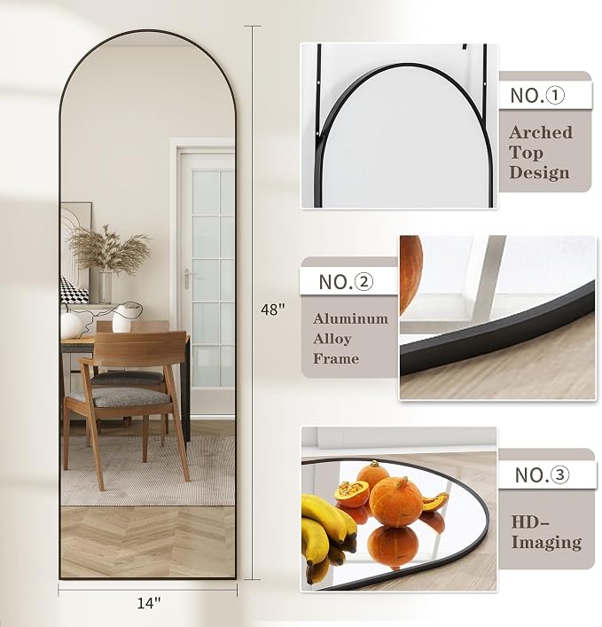 Arched Full Length Door Mirror 14x48, Metal Frame
