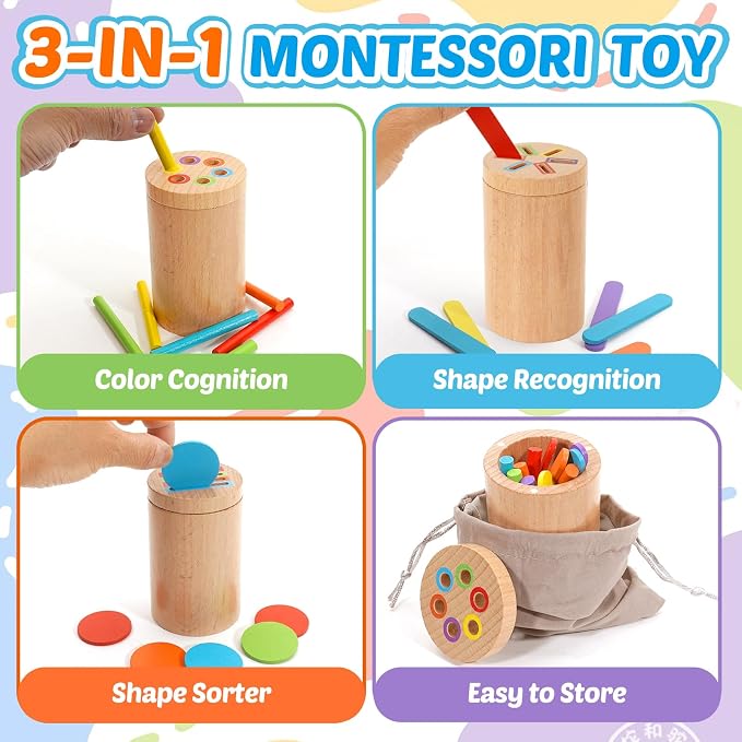 Montessori Toys for 1-3 Year Old, 3 in 1 Wooden Color Sorting Stacking Travel Toy for Toddlers 18+ Months with Magnetic Lid, Birthday Christmas Learning Gift for 2-4 Year Olds Boys Girls