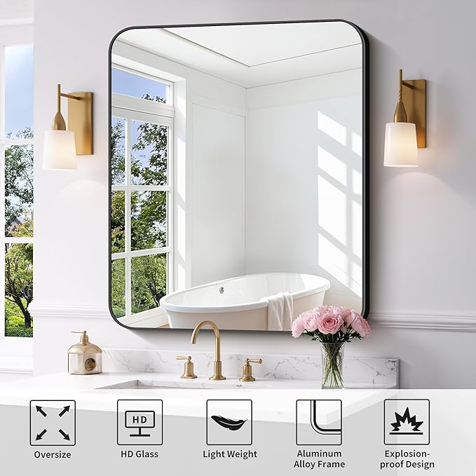 FORBATH Bathroom Mirror 30" x 36", Rectangle Black Bathroom Mirror with Black Aluminum Frame Rounded Corner, Wall Mounted Mirror for Bedroom Entryway Living Room