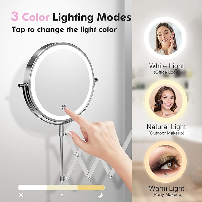 Rechargeable Wall Mounted Makeup Mirror - 8 Inch Double Sided 1X/20X Magnifying Mirror with 3 Color Lights Dimmable Touch Screen, 360°Swivel 19.6 Inch Extendable Accordion Bathroom Mirror