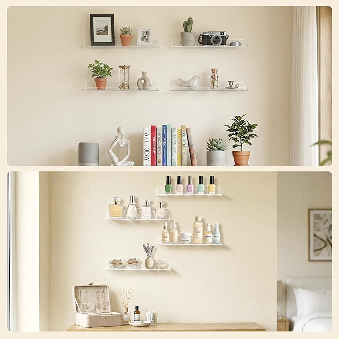 Lifewit Floating Shelves for Wall, Acrylic Display Shelf Wall Mounted for Figure, Car, Art, Book, 14" Perfume Organizer for Bathroom, Bedroom, Living Room, Nursery, Home Decor, Clear, 6 Pack