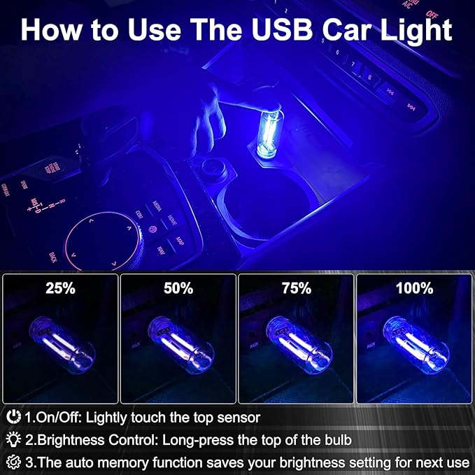 2 PCS Car USB Night Light Bulb, Touch Dimmable Car Interior Ambient Lights, Portable Mini USB Retro Glass Bottle Lamp Decorations for Vehicle, Bedroom, Hallway, Camping (Blue)