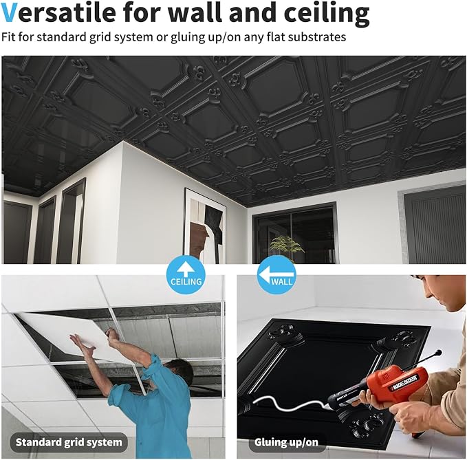 Art3d Drop Ceiling Tiles 24x24 in Black, Wainscoting Panels Glue Up 2x2