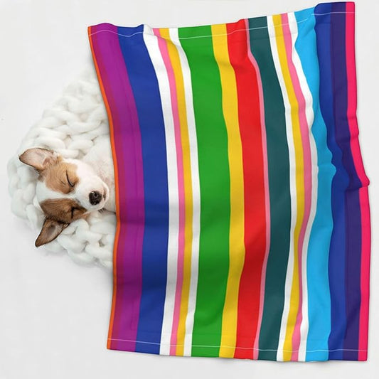 Reversible Plush Throw for Dogs and Cats, Novel Colorful Mexican Blanket Stripes, Double Sided Blanket with Nubby Dot Side and Sleek Side Ideal for Cuddling Nesting Security