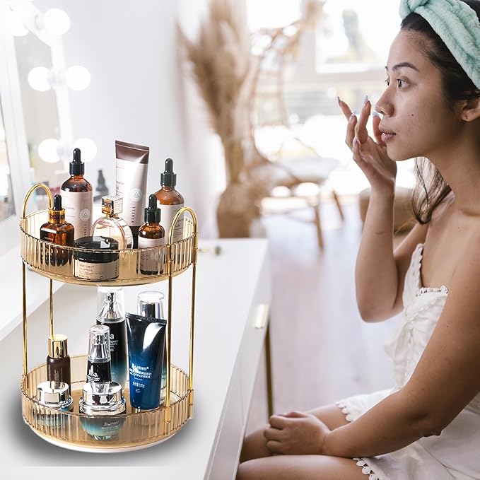 Rotating Makeup Organizer Countertop 2 Tier Lazy Susan Trays Clear Skincare Perfume Storage for Bathroom Counter Vanity, Amber Gold