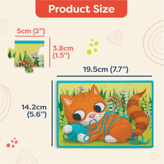 B. toys Wooden Puzzles Pack o' Puzzles Pets & Dinos 2-Pack Set, 2 Pack | 8 wooden jigsaw puzzles in 2 storage boxes; 12 pieces each, pet and dinosaur themes, color-coded backs, 2 Pack; 3+ Years