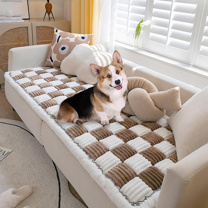 FunnyFuzzy Cream-Coloured Plaid Square Pet Mat Bed Couch Cover, Winter Thickened Dog Bed Cover Pet Blanket Sofa Couch Furniture Protector For Kids Dog Cat(Size:27.6*82.7 in,Color:Dark Brown)