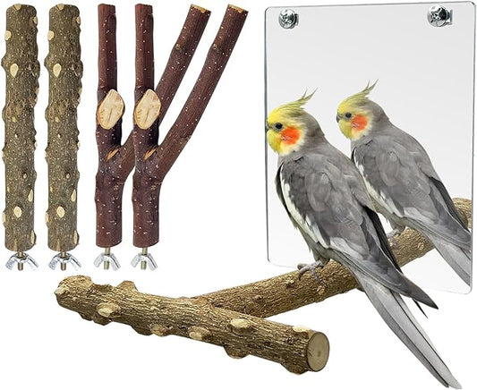BNOSDM 5PCS Bird Perches Stand with Mirror Parrot Natural Wood Stick Perches Forked Perch Branch Parakeet Toy Set Bird Cage Accessories for Budgie Cockatiel Conure Finch Lovebird