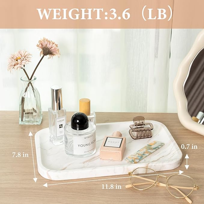 Marble Vanity Tray, Marble Bathroom Tray Countertop, Decorative Trays for Dresser Organizer, White Stone Storage Serving Trays for Kitchen, Perfume, Jewelry Cathall Holder