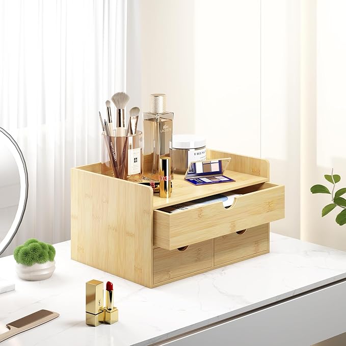 Wisuce Bamboo Desk Organizer - Mini Bamboo Desk Drawer Tabletop Cosmetic Storage Organization for Office or Home (Nature 3 Drawers)
