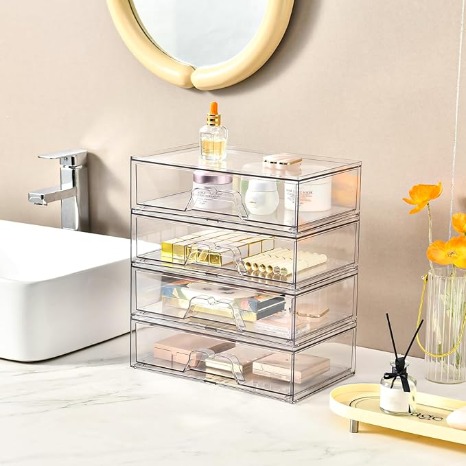 2 Pack Stackable Makeup Organizer, 12.1''L Acrylic Bathroom Organizer and Storage Undersink Drawer, Cosmetics and Beauty Supplies,Clear Plastic Storage Bins for Desk,Cabinet,Kitchen,Vanity,Pantry