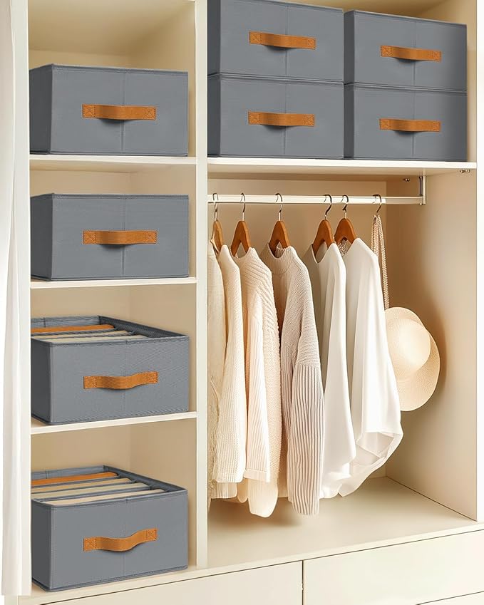 Clothes Organizers and Storage - 4/5/7 Grids Fabric Jeans Organizer with Handles, Foldable Closet Organizers Dividers, Wardrobe organizer for Pant, Sweater, T-shirt, Scarf, 6 Pack, Pale Grey