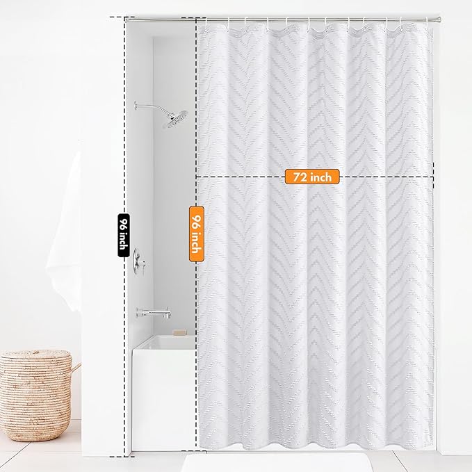 96inche Extra Long Shower Curtains 72 x 96 Inches White Tufted Chevron Striped Fabric Shower Curtains for Bathroom Modern Shabby Chic Waterproof Cloth Shower Curtain, White
