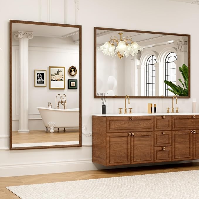 Rectangle Walnut Bathroom Mirror 60x36 Inch, Anti-Rust 4MM Tempered Glass, Modern Vanity Mirror for Bathroom, Horizontal or Vertical Wall Mount