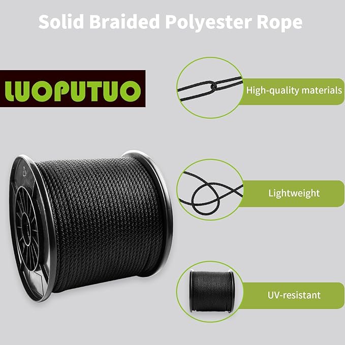 1/4 Inch 500FT Black Polyester Solid Braid Rope | High UV & Abrasion Resistance | Industrial Grade, Low Stretch | Multipurpose for Flag Poles, Clotheslines