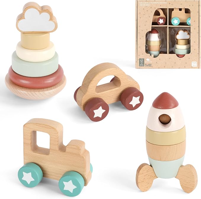 FReniland Wooden Montessori Toys, 4-Piece Wooden Baby Toy, Rainbow Stacking Ring,Car Push and Pull Toy, Rocket Stacking Ring Babys Toys,Newborn Baby Gift Sets for Boys and Girls