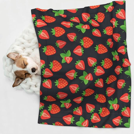 Pet Blanket for Travel and Home, Cute Red Strawberry Pattern Black, Reversible Plush Dot Design with Soft Grip Texture on One Side Perfect for Car Seats Moving Vehicles