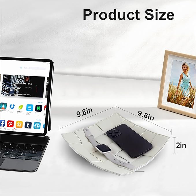 Valet Tray for Men and Women PU Leather Key Holder Bowl for Entryway Table Bedside Nightstand Desk Catchall Organizer Tray for Wallet, Watch, Key, Phone Men's Gift - 9.8" L x 9.8" W x 2" H