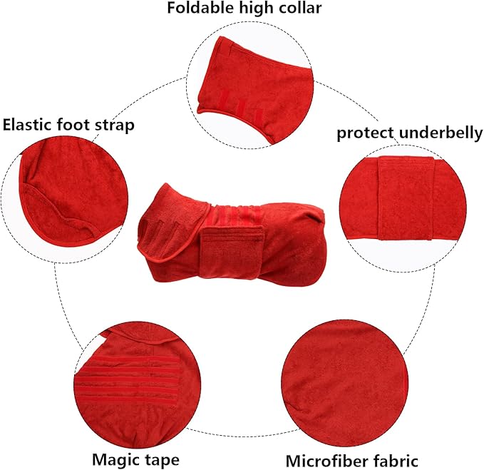 Geyecete Dog Drying Coat - Fast Drying Dog Bathrobe Towel - Microfibre Super Absorbent Pet Cat Bath Robe, Luxuriously Soft - Red - L
