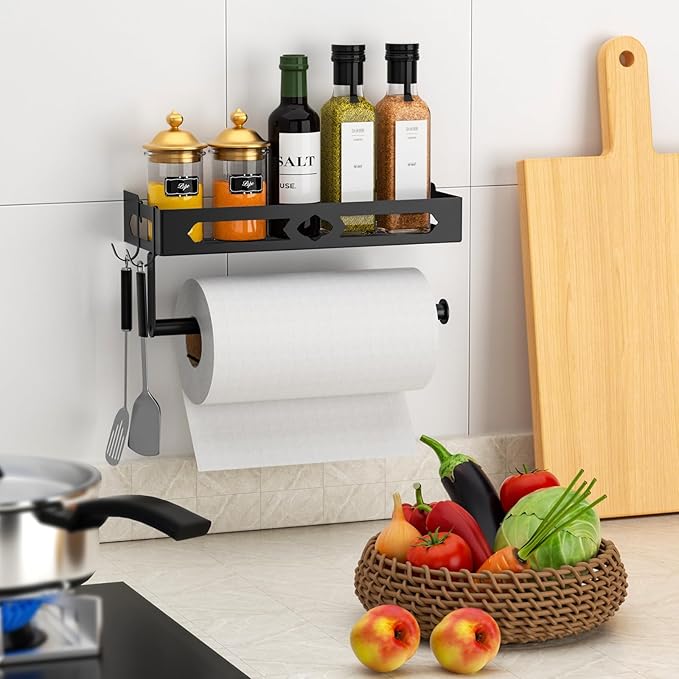 Paper Towel Holder with Shelf for Bathroom, Kitchen Paper Holder Spice Rack Paper Towel Roll Holder Wall Mounted Paper Towel Holder with 2 Hooks(2 Installation Methods - Self-Adhesive and Drilling)