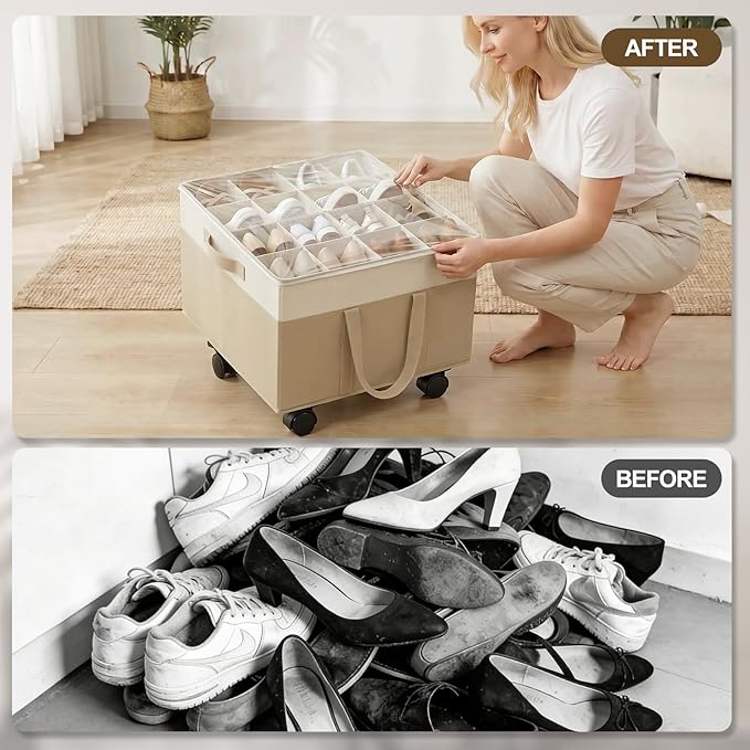 Large Shoe Organizer for Closet, Adjustable Dividers Shoe Storage Box Bins with Wheels Clear Cover Reinforced Handle Side Pocket Fits up to 16 Pairs, Foldable Shoe Organizer for Entryway Beige