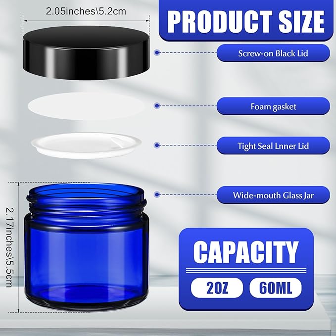 Domensi 72 Pcs 2 oz Glass Jars with Lids Travel Size Round Leakproof Empty Cosmetic Jars with Inner Liners Lid for Storing Makeup Lotions Face Cream Ointments Candle DIY Making (Cobalt Blue)