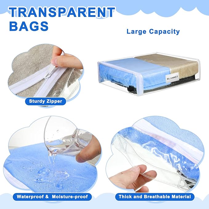 Kenning Set of 20 Clear Zippered Storage Bags for Sheet Organizer Plastic Sweater Bags with Handle Pocket Vinyl Bag for Bed Blanket Throw Pillow Toys(White,11 x 15 x 4 Inch)