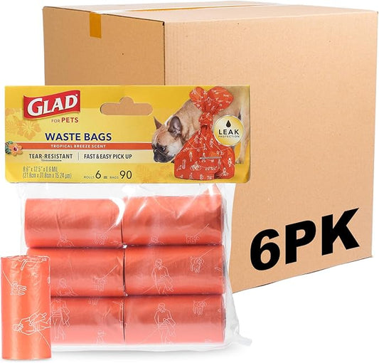 Glad for Pets Heavy Duty Dog Poop Bags, Leak Resistant Dog Waste Bags with Fun Print for Easy Cleanup on Walks, Strong Tear Resistant Pet Waste Bags, Tropical Breeze Scent, 90 Count - 6 Pack