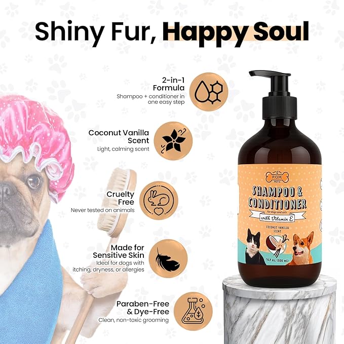 POM Pets 2-in-1 Organic Dog Shampoo & Conditioner – Itchy Skin Relief, Dog Deshedding, Detangles Fur, Cat Shampoo, Paw Cleaner for Dogs, Natural Coat Defense Formula