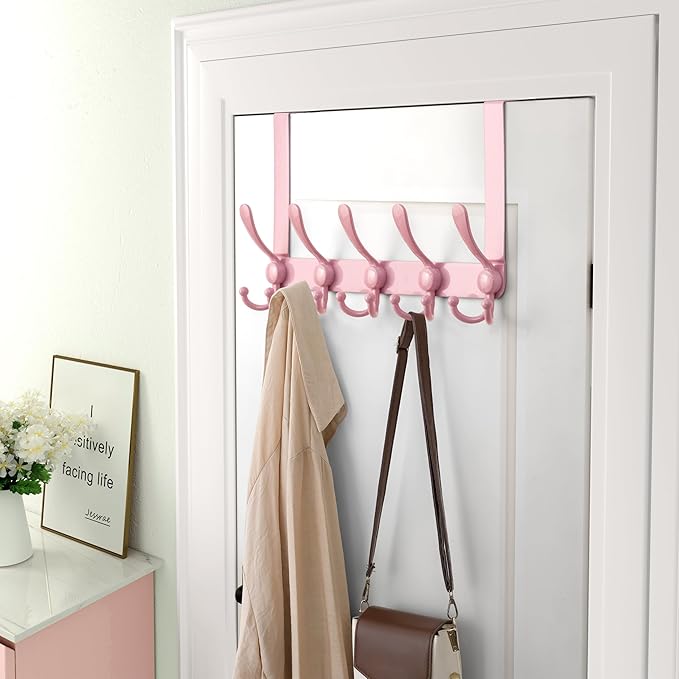 Dseap Over Door Hook 2.0 - Upgraded Version - Simple-Assembly, Strong, Heavy-Duty Stainless Steel 5-Tri-Hook Over The Door Hanger Rack, SimpleStrong Series, Pink
