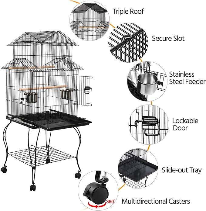 Yaheetech Budgie Cage 55-inch Rolling Standing Triple Roof Medium Parrot Cage Pet Bird Cage with Detachable Stand for Cockatiels Sun Parakeets Green-cheeked Conures Macaw