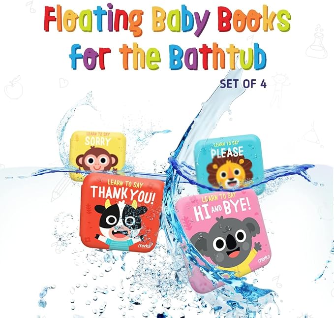 merka Baby Bath Books for Toddlers, 4 Pack Waterproof Bathtime Books, Bath Toys Floatable in Bathtub, Learn to Say Thank You, Sorry, Hi Bye, Please
