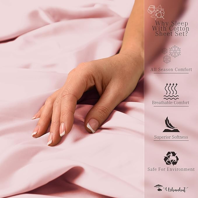 URBANHUT 700 Thread Count King Size Egyptian Cotton Sheets, 4Pc Sheet Set Soft Luxury Bed Sheets for King Size Bed, Sateen Weave Hotel Sheets, 16'' Elasticized Deep Pocket - Blush Pink