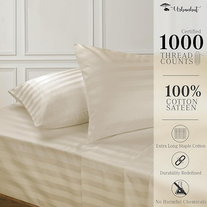 URBANHUT 1000 Thread Count Egyptian Cotton Damask Striped California King Sheets, Long Staple Soft & Breathable, 4 Pc Bed Sheet Sets, Luxury Hotel Sateen Sheets Fits 16" Deep Pocket - Ivory