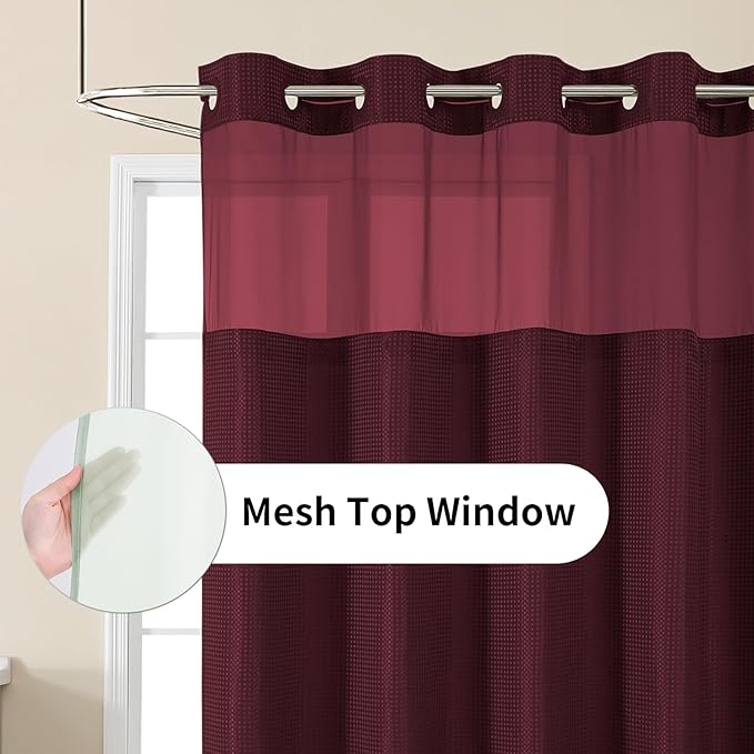 Colorful Star No Hook Shower Curtain with Snap in Fabric Liner, Waffle Weave Heavy Duty Thick Shower Curtains with Mesh Top Window, Hotel Style Waterproof Bathroom Curtain Set, 72 x 87 Inch, Burgundy