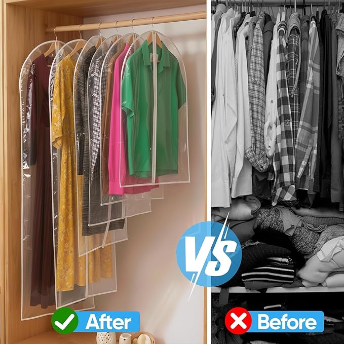 36” All Clear Garment Bags for Women Suit Bags - PEVA Waterproof Suit Cover with Zipper for,Hanging Clothes, Coats - Durable Dresser for Closet Storage, Dustproof & Moisture Resistant - 36”/12 Pack