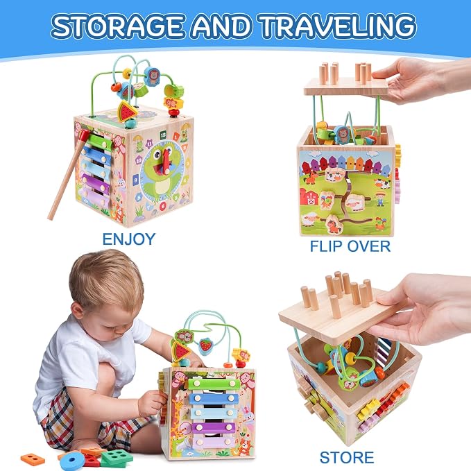 Wooden Activity Cube | Montessori Toys for 1 2 3 Year Old Toddler Gifts | One Year Old 1st First Birthday Gift | Educational Toys for 12+ Months Baby Boys Girls | Bonus Sorting & Stacking Game (Pink)