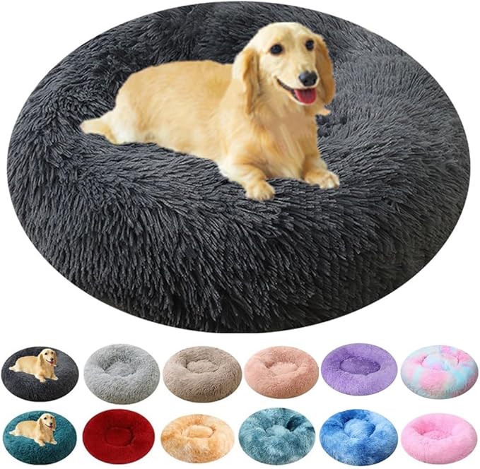 Calming Large Dog Bed & Cat Bed, 43 Inch Anti-Anxiety Donut Dog Cuddler Cat Bed, Warming Cozy Soft Dog Round Bed, Fluffy Faux Fur Machine Washable Pet Cushion for Medium Dogs & Cats (Dark Grey)