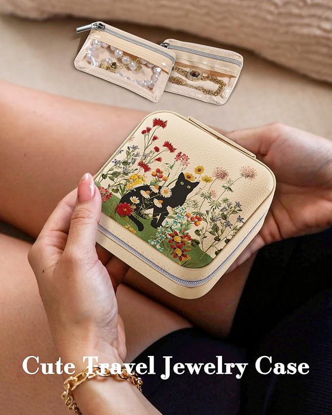 Bistup Travel Jewelry Case - Small Jewelry Organizers and Storage Box for Women Girls Teens Cute Traveling Jewelry Holder with Mirror Little Tiny Compact Modern Unique Aesthetic Pretty, Cat Flower