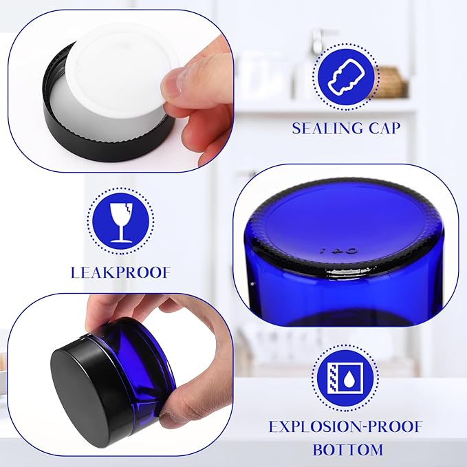 Domensi 100 Pcs 1 oz Glass Jars with Lids Bulk Round Glass Cosmetic Jars for DIY Lip Balm Small Travel Containers with Inner Liner for Lotions Powders Ointments Sample Cream(Cobalt Blue, Black)