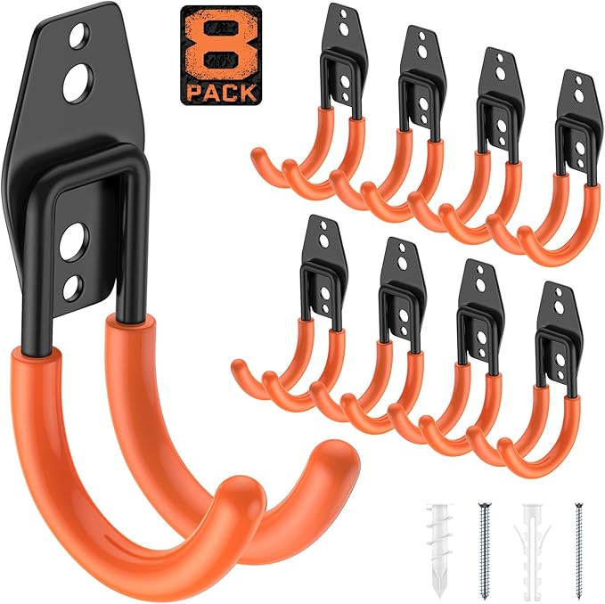 Garage Hooks with Anti-Slip Coating,Heavy Duty Wall Mount Storage Hooks for Hanging Bike,Hose,Ladder,Yard,Garden Tools (8 Pack Orange 4.7x2.6 inch)