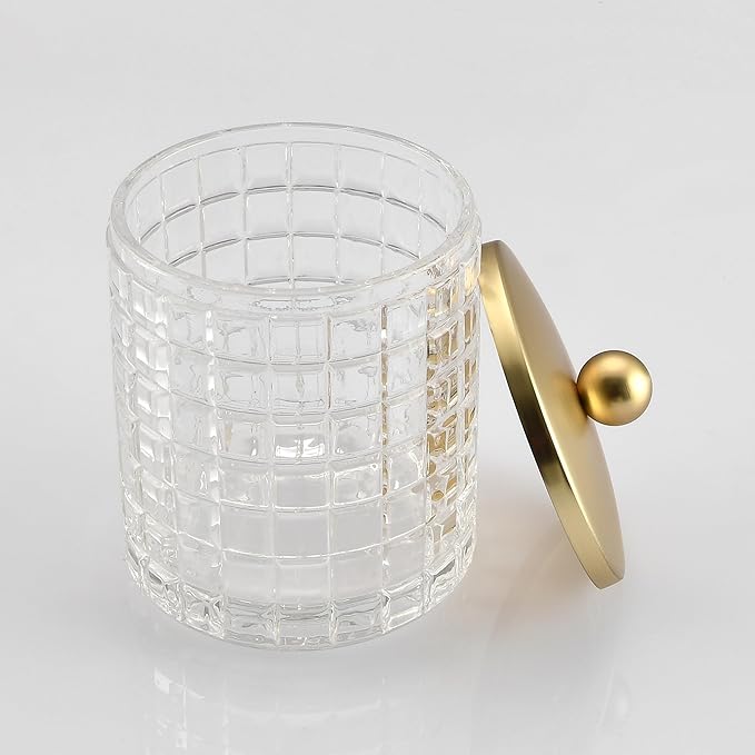 Clear Tranparent Apothecary Etched Geometric Grid Glass Jar W/Gold Metal Lid Cover for Bathroom Organization, Cotton Balls, Q Tips, and Small Accessories, Bathroom Storage