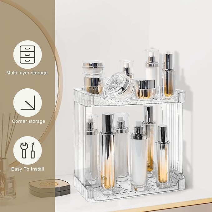 Bathroom Counter Organizer Cosmetics Skincare Organizers Skincare Makeup Organizer Countertop Holder for Perfume-2 Tier-Clear