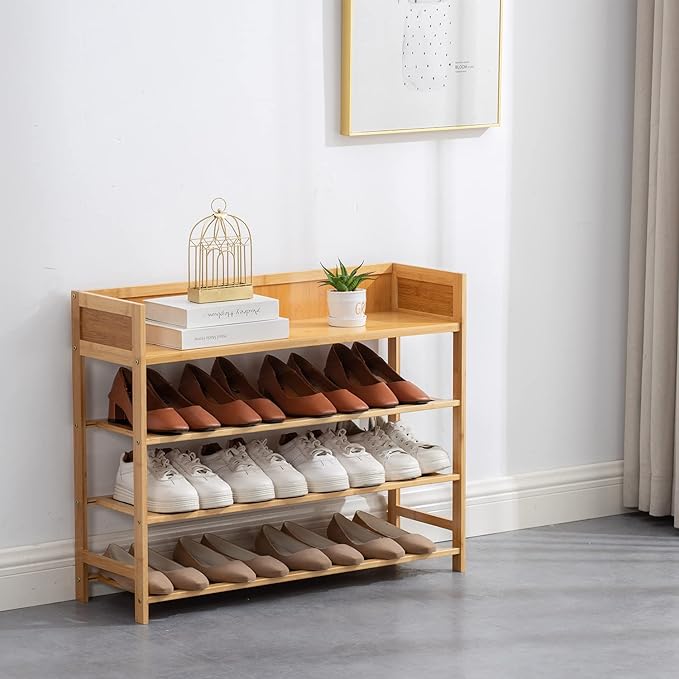 Bamboo Shoe Rack Organizer, 4 Tier Shoe Shelf Storage Organizer, for Entryway, Hallway, and Closet (Nature-31.5)