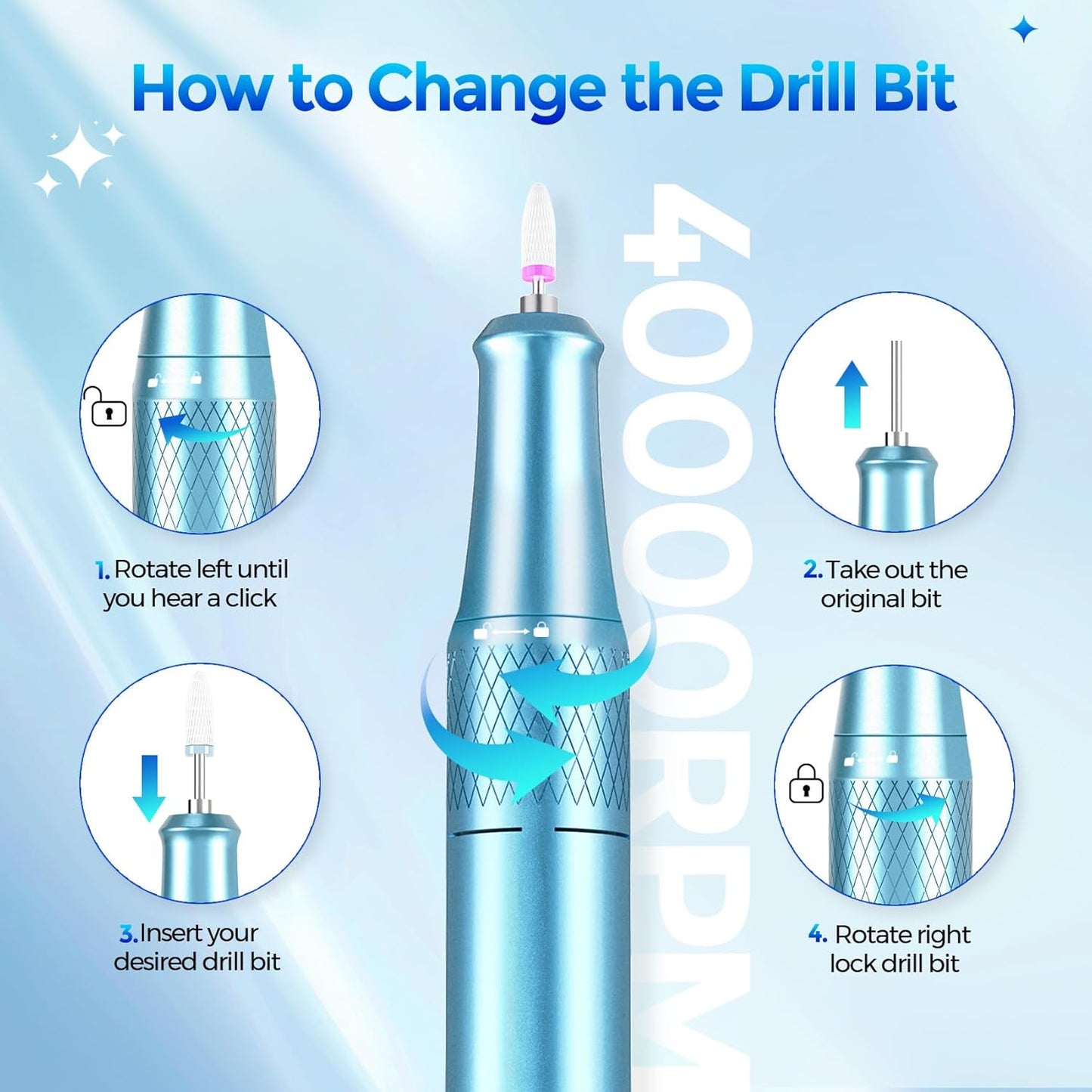 Nail Drill Electric File: DEDNMSCA Sparkly Professional Nail Drill Kit, 40000RPM E-File Machine with 12 Drill Bits for Acrylic Nails Remove Nail Gel Polish Manicure for Salon Home, Blue Diamond