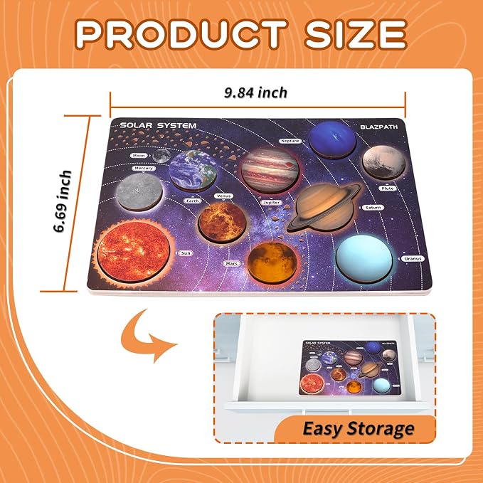 Solar System Planet Outer Space Toddler Wooden Puzzle Toys for Kids 3-5 | Space Themed Wood Puzzle Board Sensory Toys Model Gift for Girls and Boys, Preschool Learning Activities STEM Montessori Game
