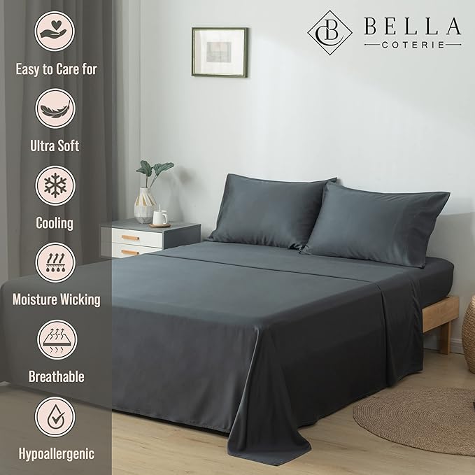 Bella Coterie Luxury Bamboo Viscose Cal King Size Sheet Set | 100% Organically Grown | Ultra Soft | Cooling for Hot Sleepers | 18" Deep Pocket [Charcoal Grey]