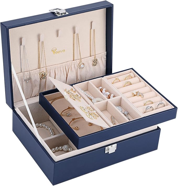 Voova Jewelry Box Organizer for Women Girls, 2 Layer Large Men Jewelry Storage Case,PU Leather Display Jewellery Holder with Removable Tray for Necklace Earrings Rings Bracelets，Vintage Gift，Navy Blue