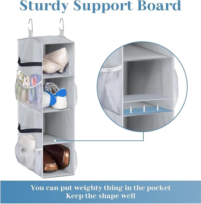SLEEPING LAMB Short Hanging Shoe Organizer for Closet Storage with Mesh Side Pockets Holds 8 Pairs, Hanging Shoe Rack Hanger RV, Camper, Grey